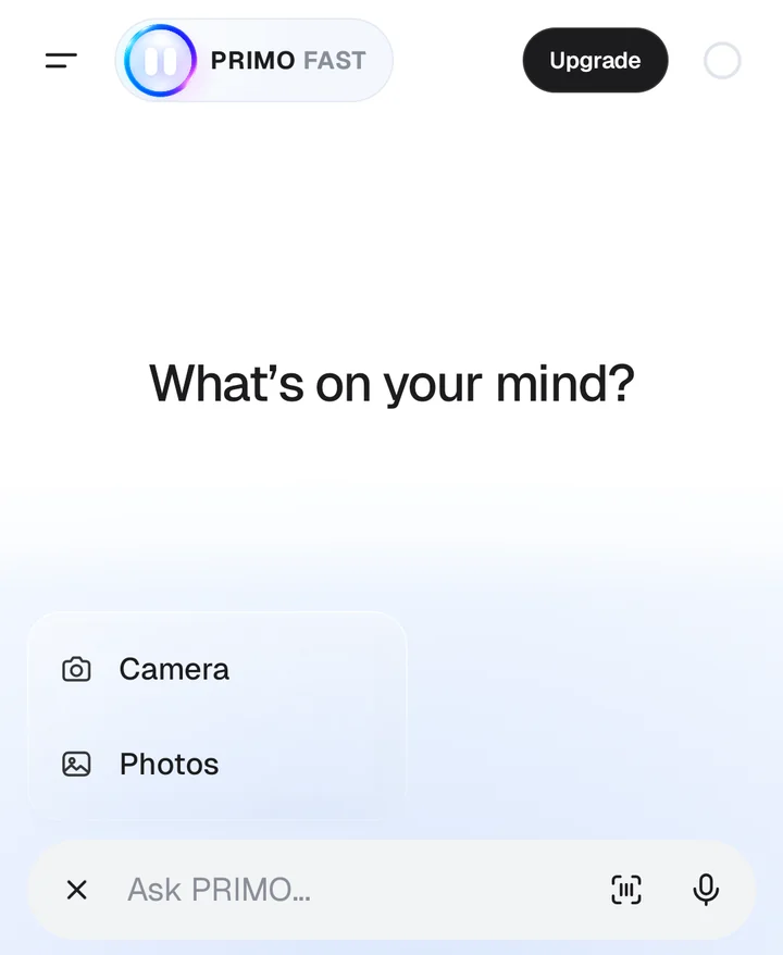 PRIMO chat with the attachment menu open: Camera or Photos