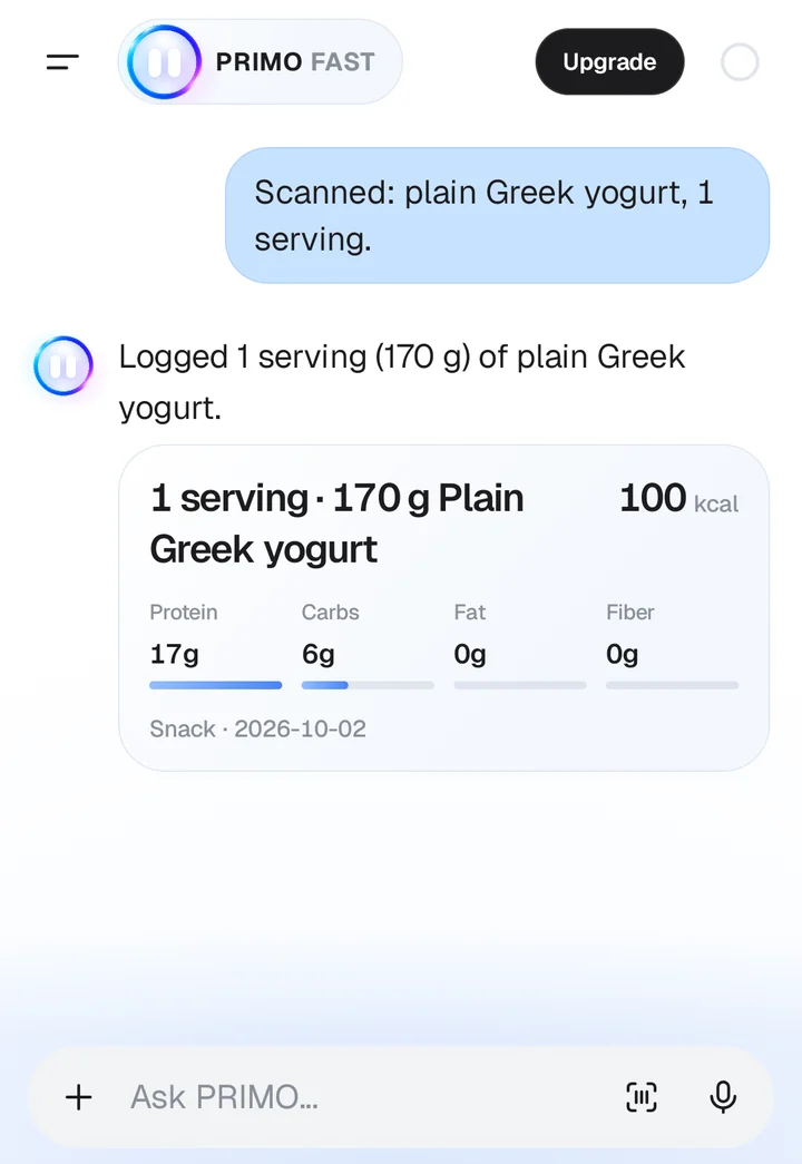 PRIMO chat after a barcode scan: 1 serving (170 g) of plain Greek yogurt logged, 100 kcal, 17 g protein